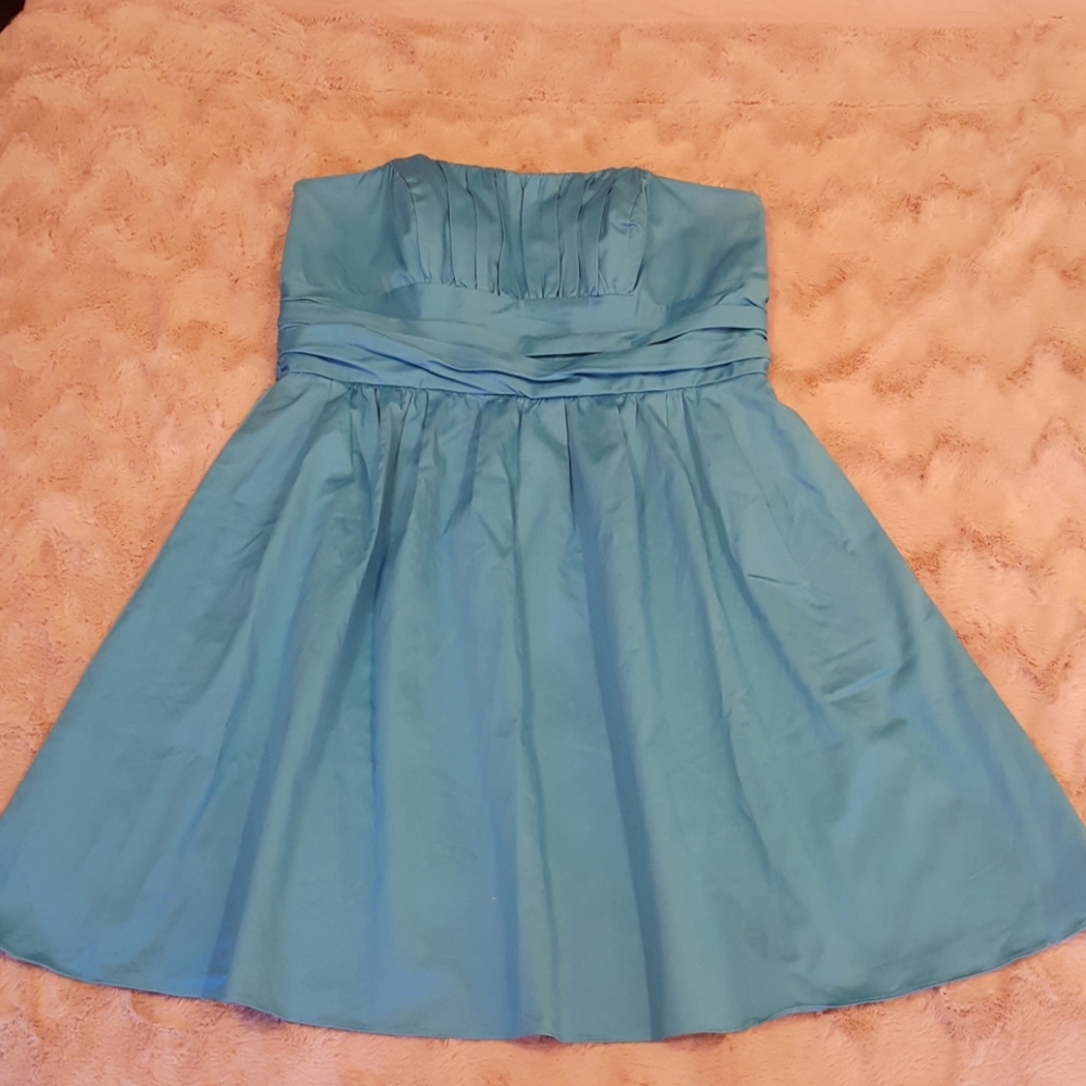 David's Bridal aqua strapless dress